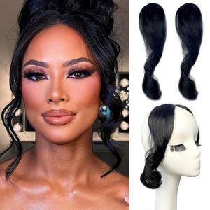 Long Side Bangs Clip in Hair 2PCS Set, Black Color Thick Wavy Curly Hair Bangs Clip on Natural Curly Swept Bangs Fake Fringe Bangs Long Temple Hair Pieces for Women (Black)