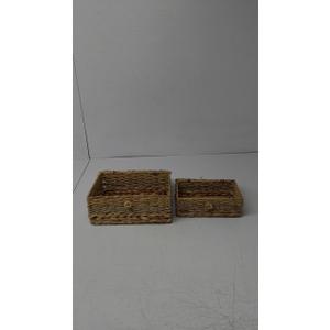 2PCS Wicker Storage Baskets with Lids Decorative Bohemian Handmade Rattan Boxes Natural Water Hyacinth Seagrass Paper Rope Woven Bins Shelf Container Memory Keepsake Photo Makeup Organizer (Set of 2 ( 1 Large 1 Small ))