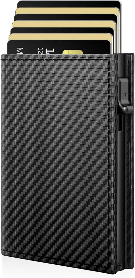 RFID Wallet for Men with Smart Pop Up Card Holder, Trifold Slim Minimalist Front Pocket Wallet with Metal Case ID Window Cash Slot & Magnetic Closure, 11+ Cards 10+ Bills Capacity, Gift for Men / Him (Carbon Fiber)