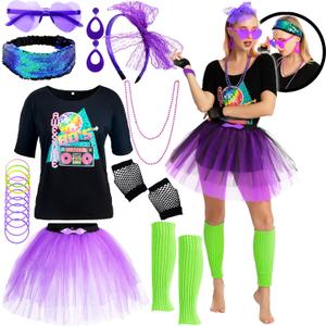 Spooktacular Creations Purple 80s Costume Set with T-Shirt Tutu Headband & Other Halloween Cosplay Accessories