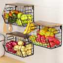 Delamu Stackable Metal Fruit Basket with Wood Lid 3 Pack, Hanging Wall Organizer for Kitchen Counter, Pantry Storage for Onions, Potatoes, Garli, Fruits, Spices, Black