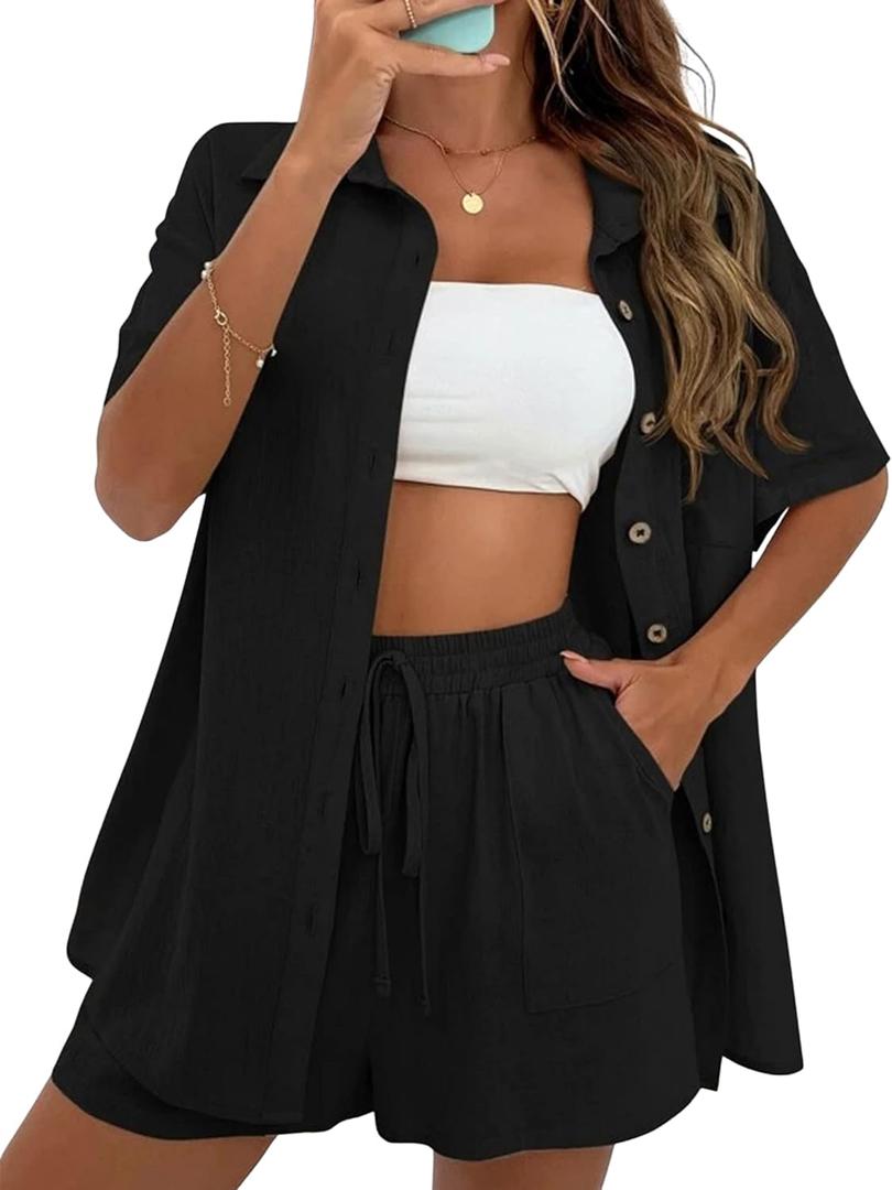 SeekMe Linen Short Sets for Women Short Sleeve Top Shorts 2 Piece Summer Beach Vacation Outfits Lounge Tracksuits (Small, Black)