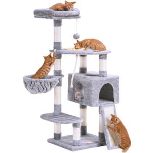 Heybly Cat Tree, Cat Tower for Indoor Cats with Scratching Board, Multi-Level Cat Furniture Condo with Feeding BowlLight Gray HCT010W (50 inch)