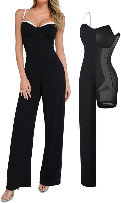 Popilush Formal Jumpsuits for Women Dressy Wide Leg Long Pants Overalls Sleeveless Wedding Guest Outfit with Shapewear (Medium, Black)