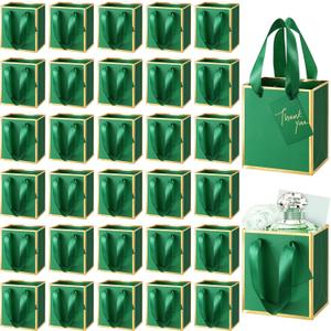 Yeaqee 50 Pcs Mini Metallic Paper Gift Bags with Handles 4x2.75x4.5'' Tiny Small Gift Bags with Thank You Tag for Wedding Graduation Birthday Party Return Gifts Jewelry Business (Dark Green,Gold)