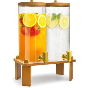 2PCS Drink Dispenser, 1.5 Gallon Each Glass Beverage Dispenser with Wood Stand and Stainless Steel Faucet Ideal for Juice, Lemonade, and Tea,Large Drink Dispenser for Parties and Home Use
