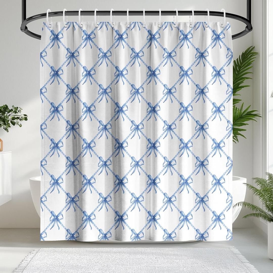 KAIRA Blue and White Bow Shower Curtain, Preppy Bathroom for Girls, Princess Style Blue White Waterproof Bath Curtains for Bathtub,72" W x 72" L