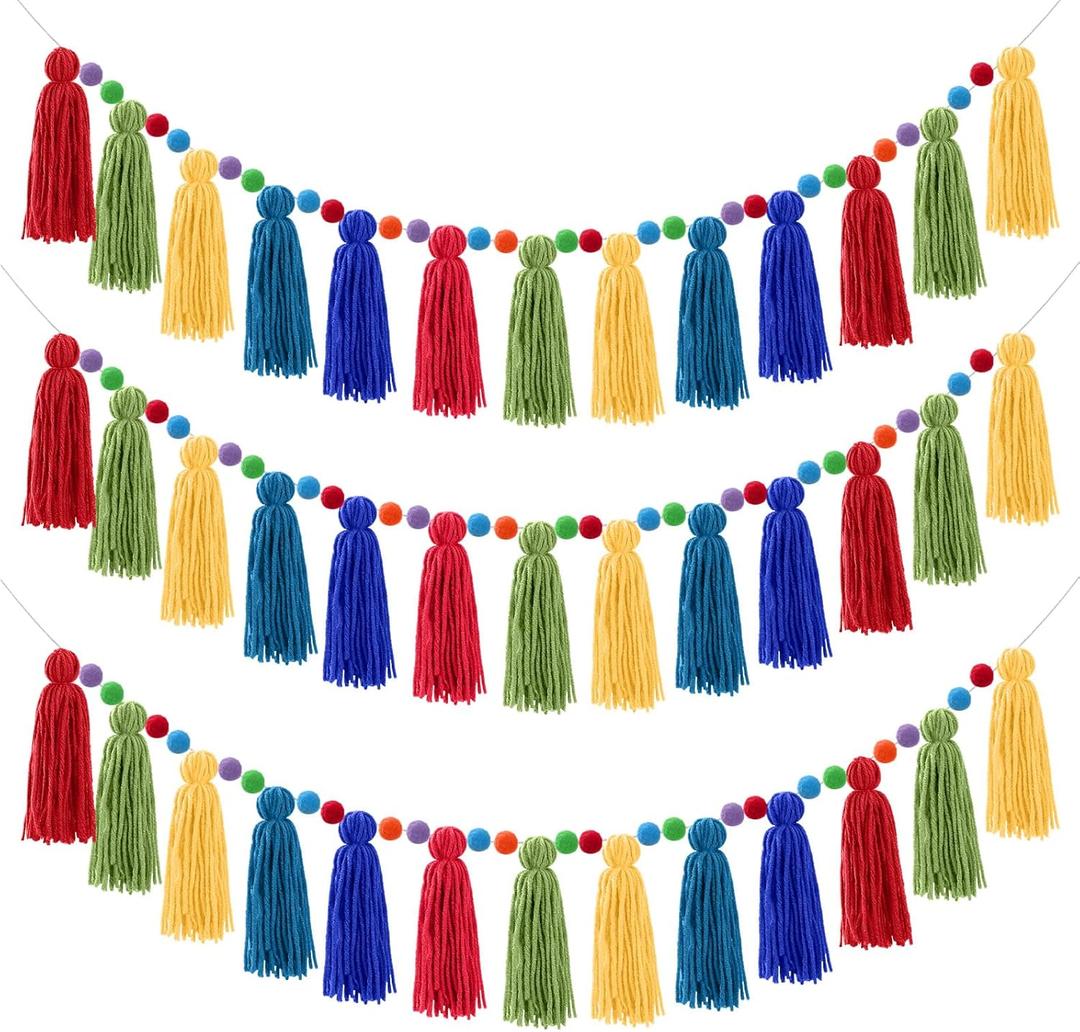 Syhood 3 Pcs Colorful Boho Tassel Garland Rainbow Pom Pom Each 50'' Colorful Tassel Garland Classroom Decoration Boho Banner for Kid Nursery Wall Decor Baby Shower Christmas Decor(Fresh Colors) (As the Picture Shown)