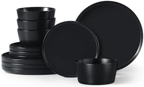 Herogo 12 Pieces Stoneware Dinnerware Set, Service for 4, Dinner Plates and Bowls Sets, Double Reactive Glaze Dishes Set for Kitchen, Scratch Resistant, Dishwasher Safe, Matte Black