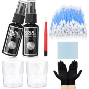 2 Pcs 1 oz Coin Cleaner and Protector Kit Include Solution Fiberglass Pencil Cleaning Cloth Gloves Cotton Swab Measuring Cup for Collectors Cleaning Gold Silver Vintage Coins Supplies