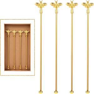 4Pcs Bumble Bee Cocktail Stirrers Swizzle Sticks Stainless Steel 7.5" Coffee Beverage Stir Sticks with Gold Decor Top for Mixing Cocktail, Hot Cocoa, Creamer