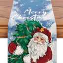 Santa Claus Christmas Table Runner - Merry Christmas Red Holiday Décor with Christmas Tree & Lights - Woven Linen Tapestry for Dining Room , 33x183