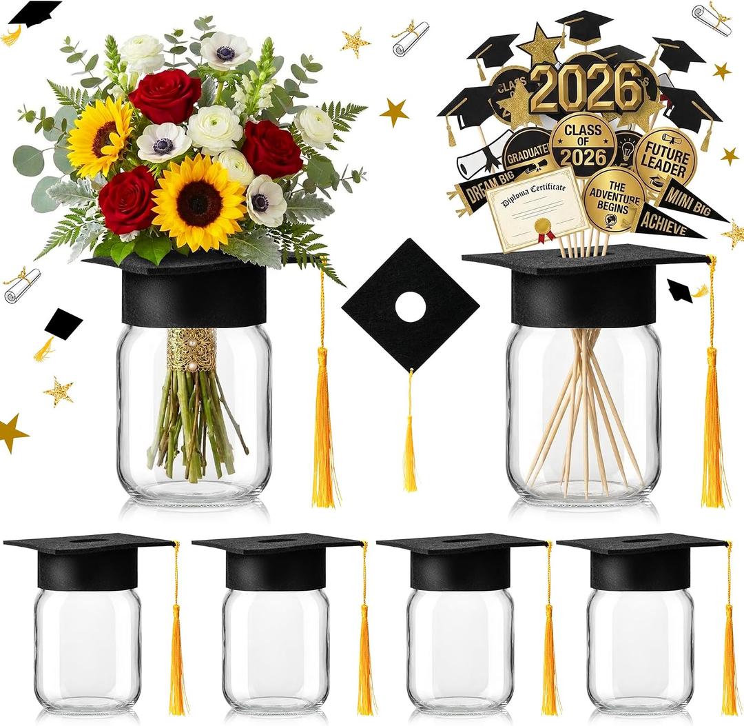 6 Sets 2026 Graduation Centerpieces for Tables, Mason Jar Centerpieces with Graduation Cap with Hole for Flowers, Class of 2026 Table Decorations, Congrats Party Supplies for College High School
