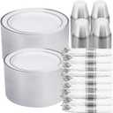 700 PCS White and Silver Plastic Dinnerware Set for 100 Guests, 200 Disposable Plates for Party, 100 Pre Rolled Napkins with Silver Silverware, 100 Cups