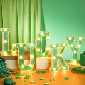 5 Pcs St. Patrick's Day Light up Green Table Sign 8 Inch Lucky Letter Lights Sign Plastic Irish LED Letters Battery Operated Tiered Tray Decor Farmhouse Tabletop St. Patrick's Day Decorations