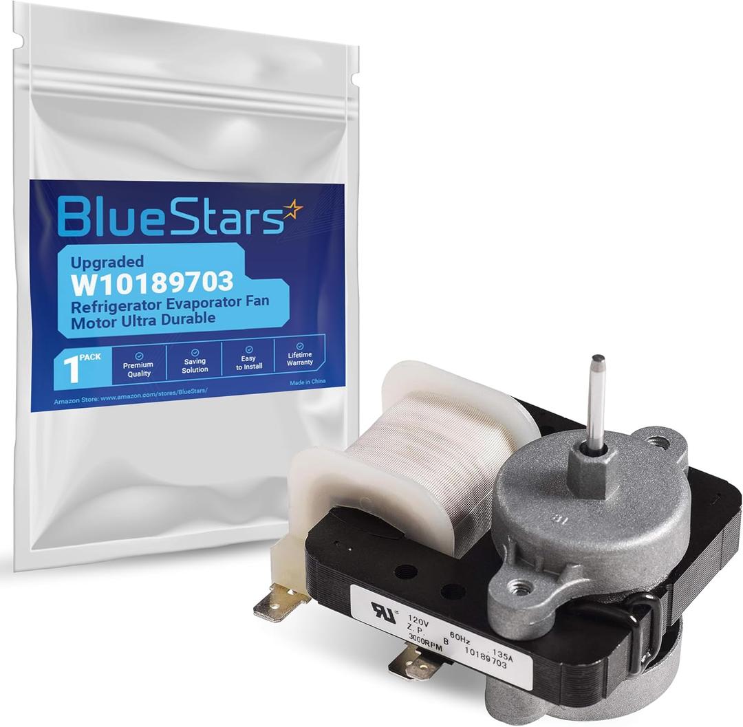 BlueStars Upgraded W10189703 Refrigerator Evaporator Fan Motor Ultra Durable - Compatible with Whirlpool Maytag Kenmore Refrigerators - Replaces WPW10189703 W10208121 2219647 AP6016598 10449505