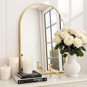 Arched Wall-Mounted Mirror, 24"x36" Arch Bathroom Mirror, Gold Vanity Mirror for Wall Dcor, Wall Mirror with Metal Frame for Bedroom, Entryway, Living Room, Brushed Gold