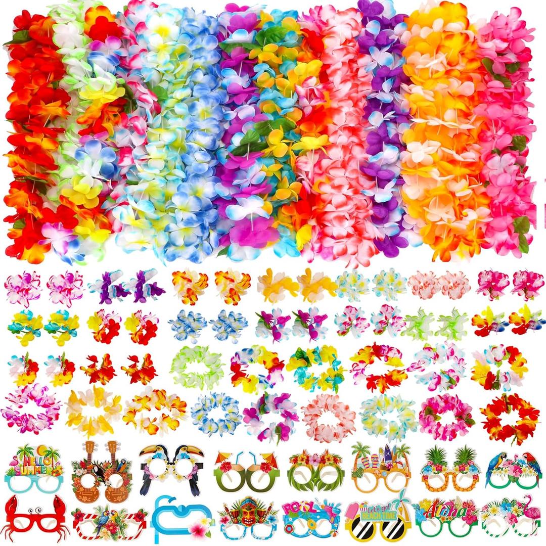 Atonofun 80 PCS Leis for Luau Party Decorations- Hawaiian Leis Bulk, Luau Party Glasses, Colorful Bracelets, Flower Headbands for Adults Tropical Birthday Summer Beach Luau Party Favors Supplies