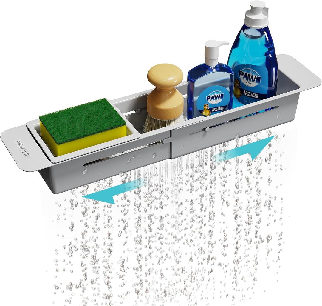 NiHome Extendable Over Sink Kitchen Organizer, Small Telescopic Brush Storage Rack for Sponge, Non-Slip Pads Expandable Sink Caddy, Adjustable Sponge/Brush Rack with Drainage Durable ABS, Grey