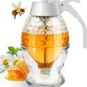 Honey Dispenser, 8oz Honey Dispenser No Drip Glass with Stand, Honey Container & Coffee Syrup Dispenser for Tea Time & Gifting, Elegant Honeycomb Honey Jar - Honey Pot Bottle for Maple Syrup Bee (White)