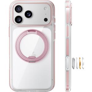 TORRAS 360 Magnetic Stand for iPhone 17 Pro Case Ultra Clear, [Fit for MagSafe] [4X Military-Grade Protection] Slim Transparent Non-Slip Case with Camera Button, Rosy Pink 6.3", O3 Light Series