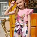 mksodop Girls outfits 2-Piece ruffled short sleeve butterfly floral print high waist floral shorts girls summer clothes (Pink, S)