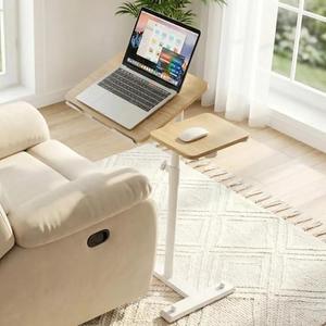 YUHFERA Rolling Table for Laptop Stand, Height and Angle Adjustable Over Bed Table with Wheels, Tilt-Top Laptop Desk for Couch with Cup Holder, Bed Table Tray for Eating (Oak)