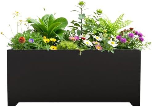 Gabviem Metal Planter Box 36" L x 15" W x 15" H, Rectangular Trough Planter Box with 6 Drainage Holes & Raised Bottom, All-Weather Garden Planter Box for Outdoor Patio/Porch, Lawn, Black