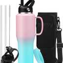 32oz Insulated Water Bottle - with Straw & Spout Lid, Strap Carrier Bag, Cold-48H & Hot-24H, Stainless Steel Travel Cup with Handle, Reusable Slim Metal Water Bottle for Car Travel Cycle Gym