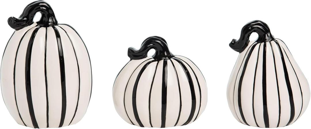 Transpac 3-Piece Dolomite 6.25" Black & White Pumpkins Decor Halloween Autumn Fall Harvest Tabletop End Table Kitchen Table Fireplace Mantle Decoration Multicolor