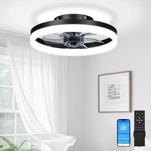 VOLISUN Low Profile Ceiling Fans with Lights and Remote, 27.6in Fandelier Ceiling Fan Flush Mount, 3000K-6500K Smart Bladeless LED Fan Light, Black Modern Ceiling Fans with Lights for Bedroom