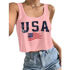 KevaMolly Women's Sexy 4th of July Crop Tank Shirts American Flag Patriotic Summer Sleeveless Graphic Tops for Teen Girls L