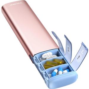 Vaydeer Metal Travel Pill Organizer, 7 Day Weekly Pill Box, Large Capacity Daily Cute Pill Case for Supplements, Pills, Vitamins and Medication (Small, Rose Gold)