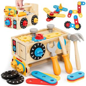 Montessori Kids Tool Set, Wooden Toddler Tool Bench Educational Toys for Ages 2-4, 2 Year Old Boy Gift for Birthday Christmas, STEM Pretend Play Tool Box, Learning Developmental Construction Toys