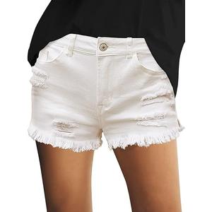 luvamia Women's Casual Mid Rise Denim Shorts Stretch Ripped Raw Hem Jean Shorts, White, Medium