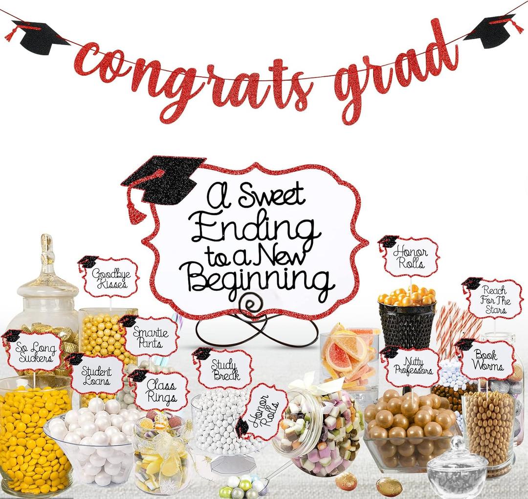 4 x Red 2026 Graduation Candy Bar Signs Graduation Table Candy Buffet Labels for 2026 Graduation Dessert Food Label Table Party Decorations Red