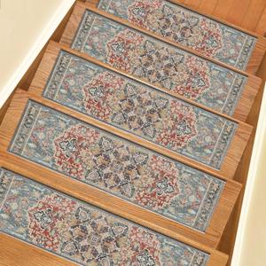Non-Slip Stair Treads for Wooden Steps, 15PCS Stair Runner Carpets with Adhesive Backing,8"x30" Peel and Stick, Washable & Reusable,Pet-Friendly Safety Mats for Kids, Elders, Dogs (Royalmedallion)
