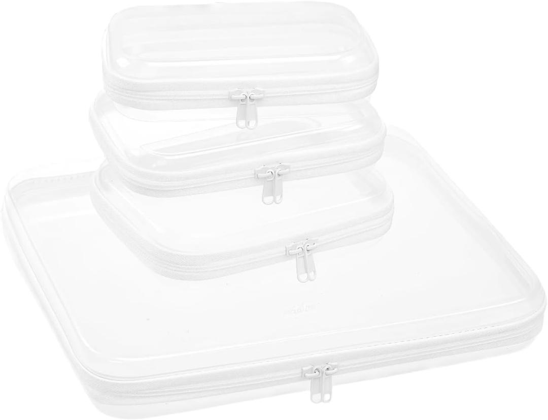 4 pcs Zipper Pouches Set, XL Hard Shell Storage Bag with 3 Medium Minus Travel Cases, Stackable Toiletry Organizer, Cosmetic Bag, Transparent Travel Storage (XL + 3 M-) (White)