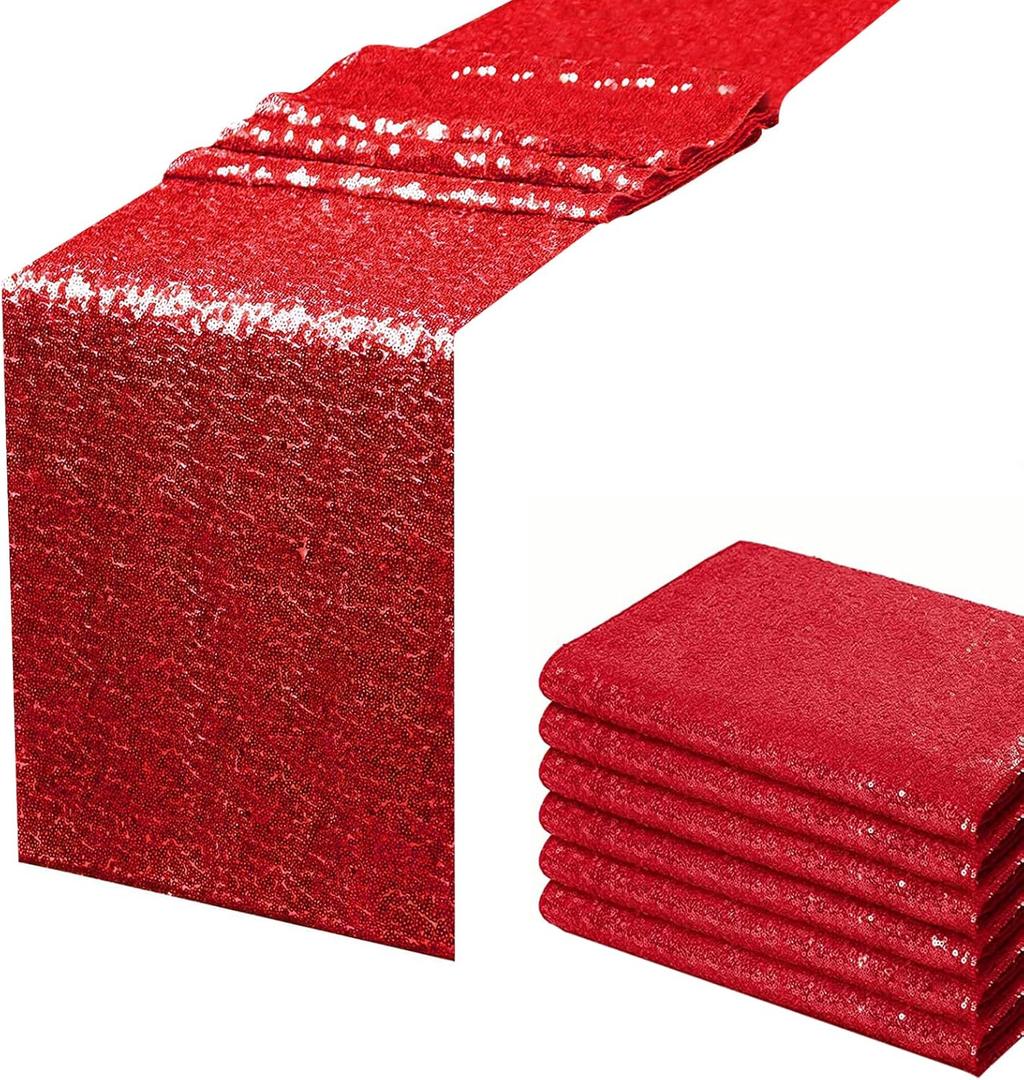 Red Sequin Table Runner 12 X 108 Inch Pack of 6 - Rectangle Glitter Runner for Party Decor, Graduation, Wedding, Birthday Supplies and Decorations