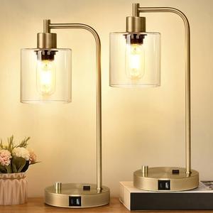 Set of 2 Industrial Table Lamps with USB C+A Ports and Outlet, Brass Fully Stepless Dimmable Bedside Lamps, Nightstand Lamps with Clear Glass Shade for Living Room Office (2 LED Bulb)