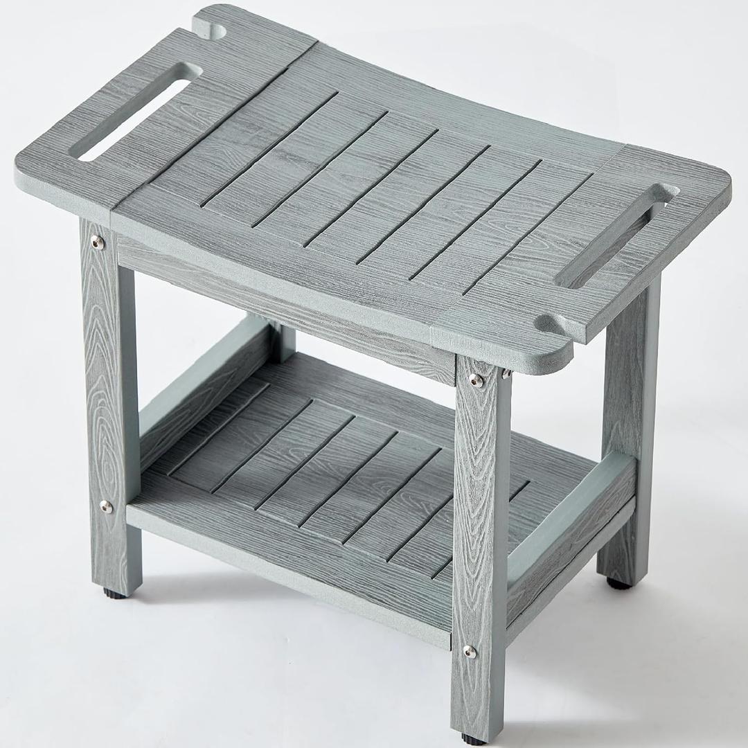 Waterproof Shower Stool for Inside Shower,Heavy Duty Bench for Shower, Plastic Bariatric Shower Bench with Handles & Shower Head Holder, Poly Lumber Shower Chair Seat with Storage Shelf (Gray) (Gray)
