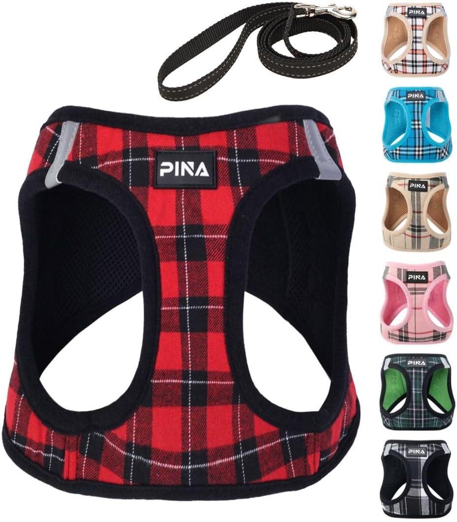 PINA Dog Harness for Small Dogs No Pull, Small Dog Harness and Leash Set, No Choke Breathable Mesh Dog Vest Harness, Lightweight Adjustable Small Medium Dog Harness - Easy to Put On and Take Off (S (Neck:10-13" , Chest:14-17"), Red Plaid)