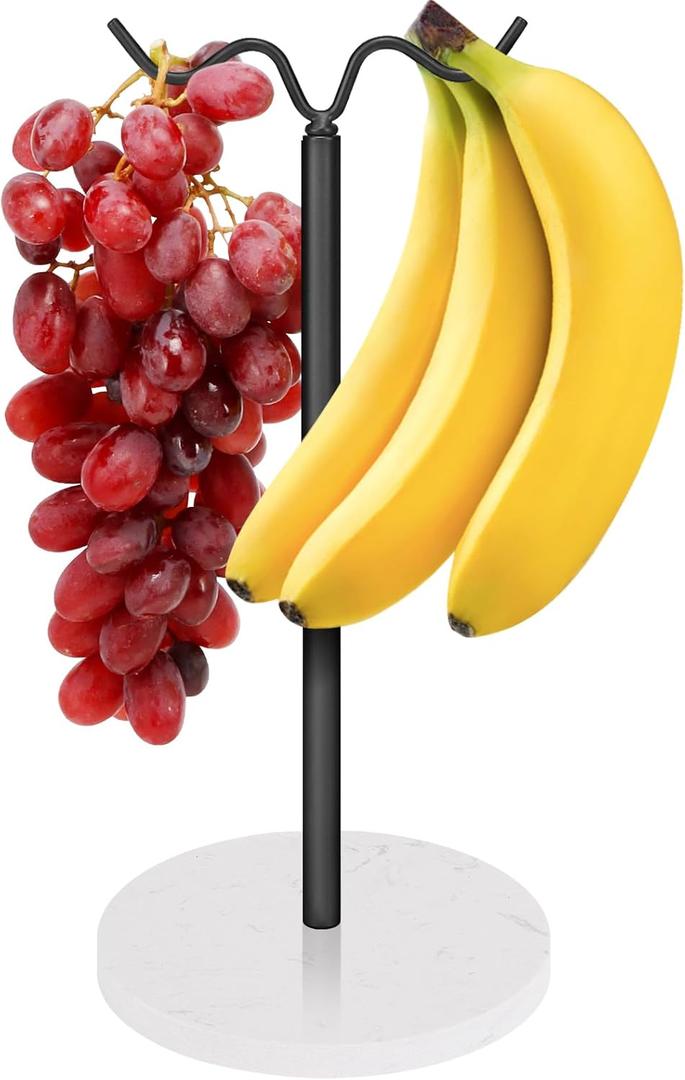 Double Hooks Standing Banana Holder, Banana Hanger Tree Stand Hook for Kitchen Countertop, Sturdy and Balanced Fruit Shelves with Storage on Both Sides.(Black)