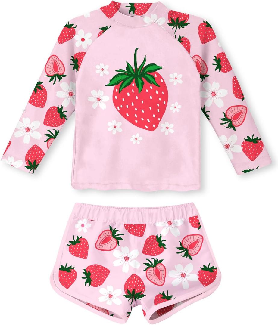 Vogseek 4-10T Girls Rashguard 2 Pieces Long Sleeve Swimsuit Swimwear with Shorts (7-8 Years, Pink Strawberry)