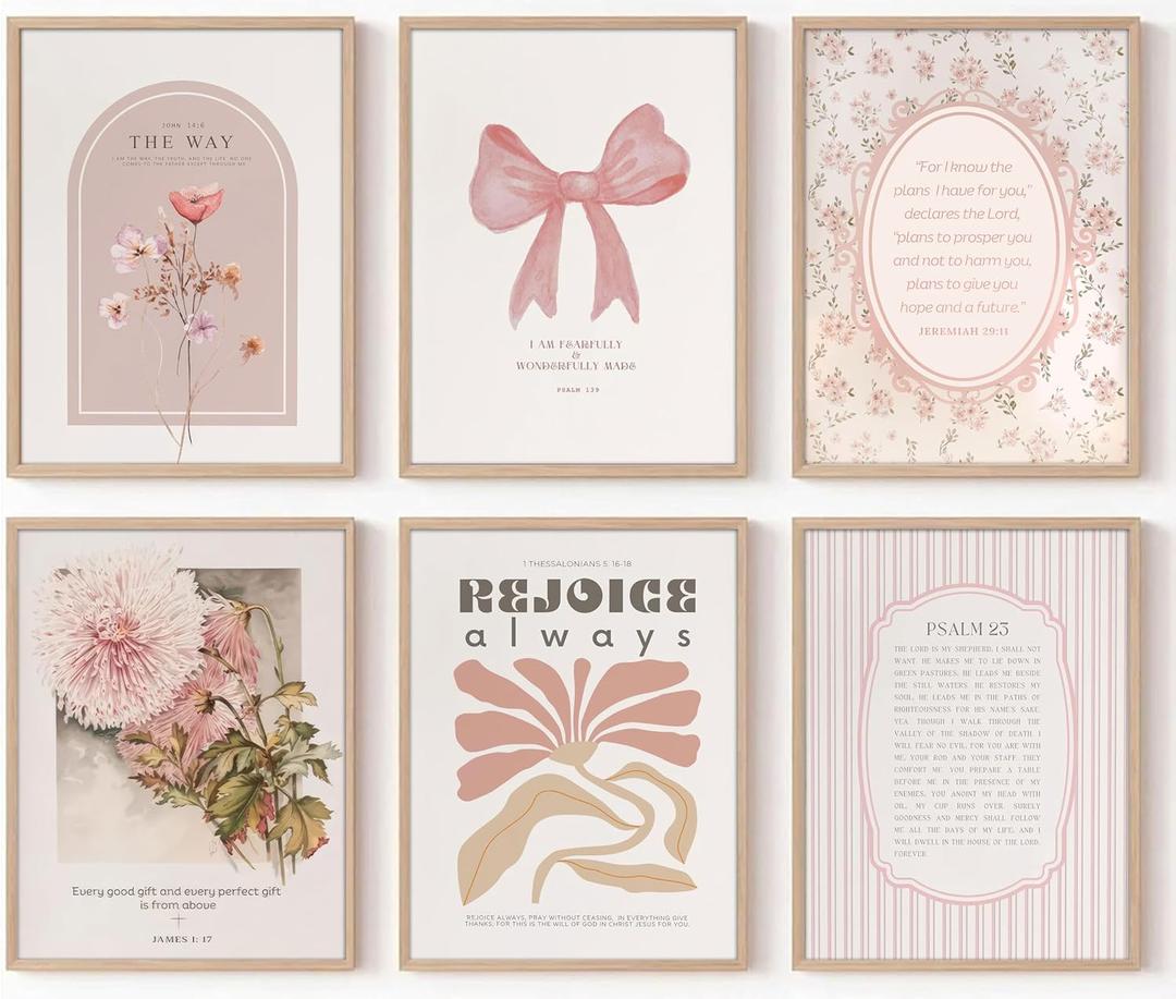 SYZPIKU 6Pcs Pink Christian Wall Art Bow Bible Verses Wall Decor Psalms Scripture Posters Boho Floral Pictures Pink Stripes Canvas Paintings for Bedroom Dorm Apartment Unframed