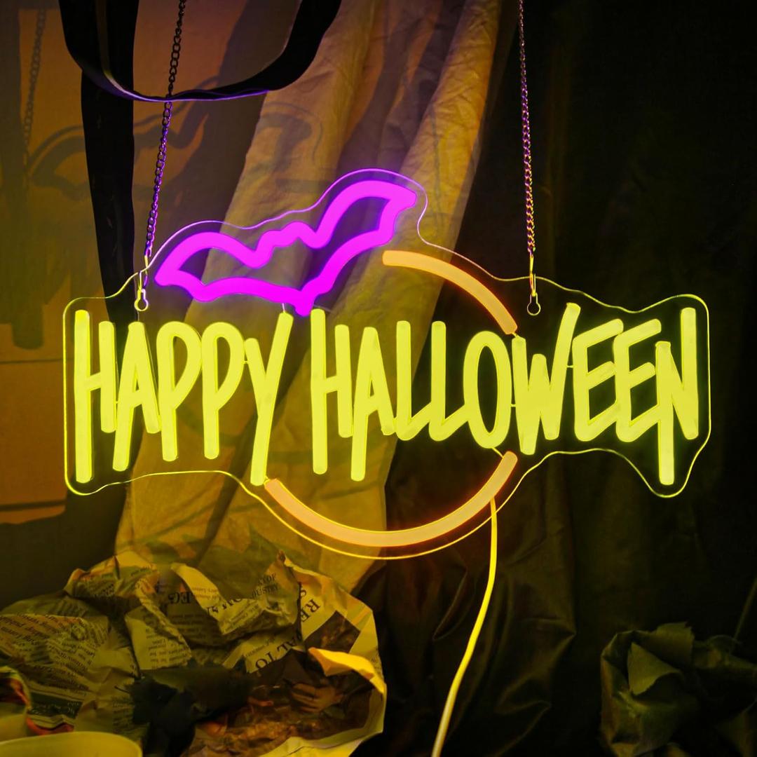 Happy Halloween Neon Sign Bat LED Light Up for Bedroom Home Bar Halloween Decor Trick or Treat Party Backdrop