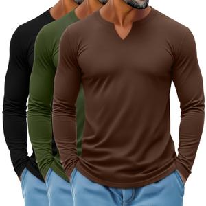 Ficerd 3 Pack Men's Big and Tall V Neck Shirts Cotton Long Sleeve Tops Plus Size Lightweight T-Shirts Casual Basic Tees (X-Large, Black, Army Green, Brown)