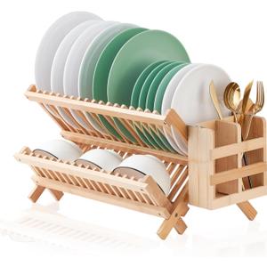 Bamboo Dish Drying Rack, 2 Tier Collapsible Dish Rack with Utensil Holder, Wooden Dish Drying Rack for Kitchen Counter, Large Folding Drying Holder, Dish Drainer 34 pcs Grid