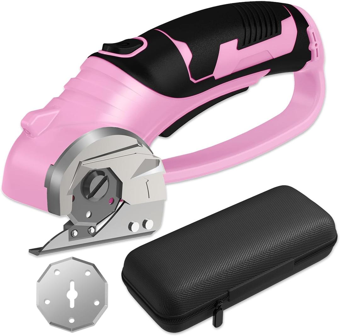 Cordless Electric Scissors, 4V Box Cutter & Cardboard Cutter with 2 Titanium Blades - Rotary Cutter with LED Light for Fabric, Leather, Carpet, Plastic, Crafting + Storage Case (Pink)