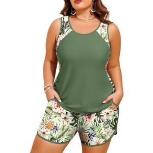 HUSKARY Plus Size Two Piece Tankini Swimsuit for Women 2026 Tummy Control Full Coverage Bathing Suits with Swim Shorts Pocket (Flower05, 20 Plus )